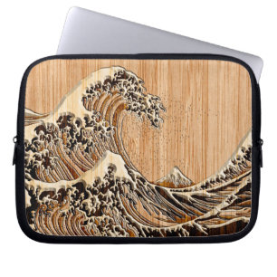 The Great Hokusai Wave Bamboo Wood Inlay Style Laptop Sleeve