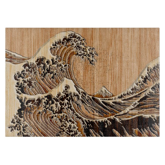 The Great Hokusai Wave Bamboo Wood Style Accent Cutting Board (Front)