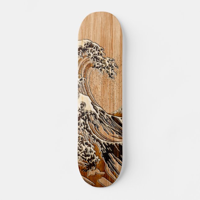 The Great Hokusai Wave Bamboo Wood Style Accent Skateboard (Front)