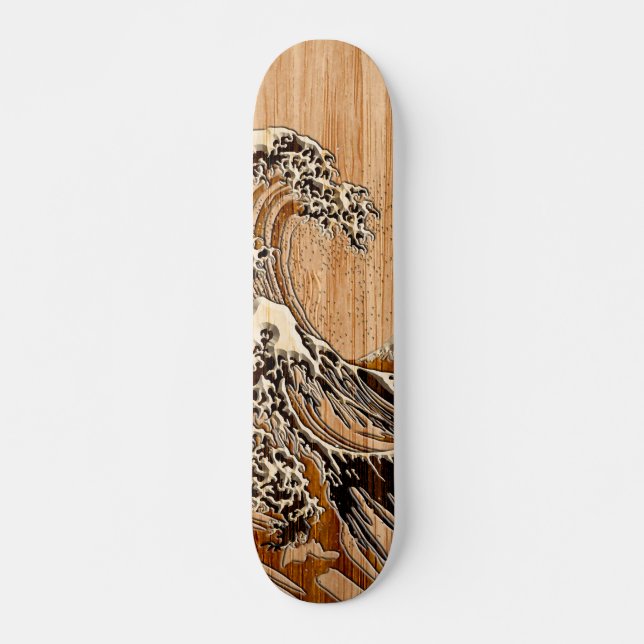The Great Hokusai Wave Bamboo Wood Style Accent Skateboard (Front)