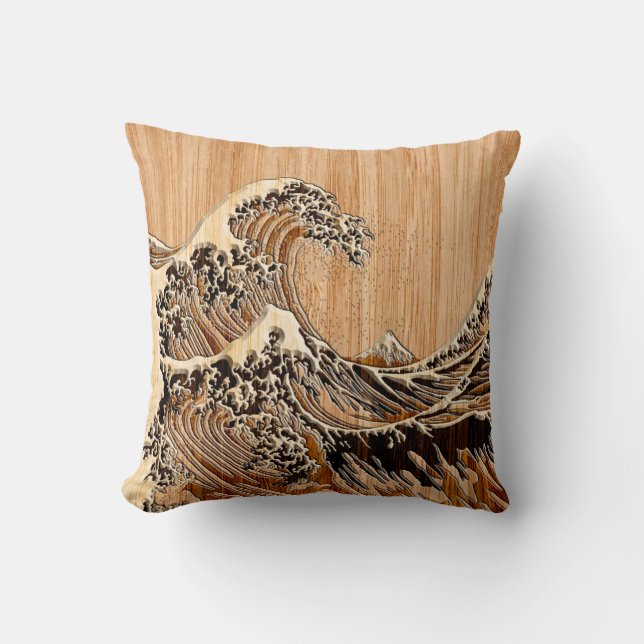 The Great Hokusai Wave Bamboo Wood Style Cushion (Front)