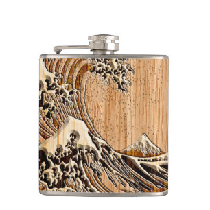 The Great Hokusai Wave Bamboo Wood Style decor Hip Flask