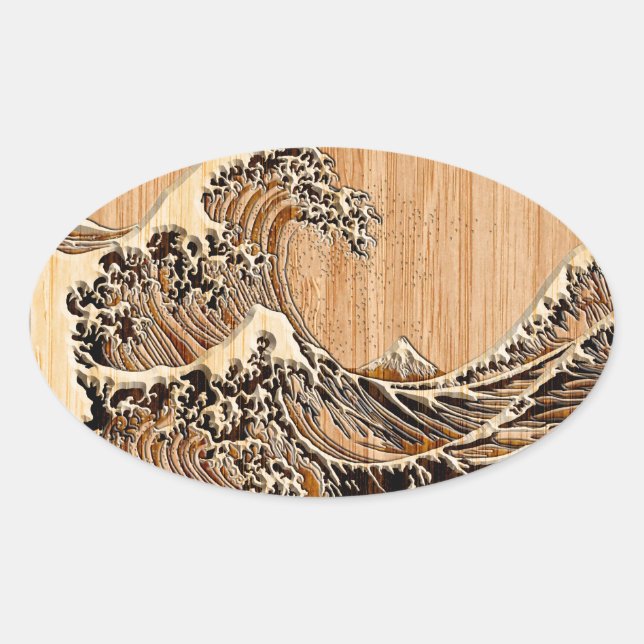 The Great Hokusai Wave Bamboo Wood Style Oval Sticker (Front)