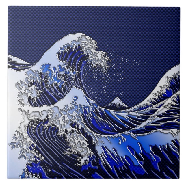 The Great Hokusai Wave Carbon Fibre Style Ceramic Tile (Front)