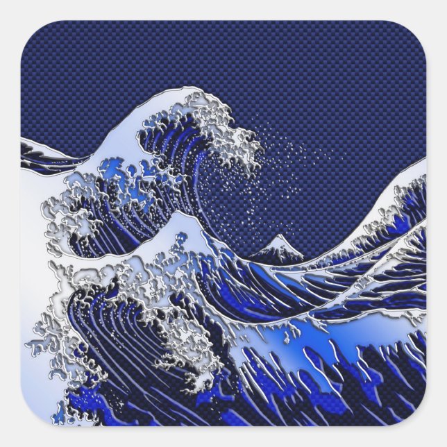 The Great Hokusai Wave Carbon Fibre Style Square Sticker (Front)