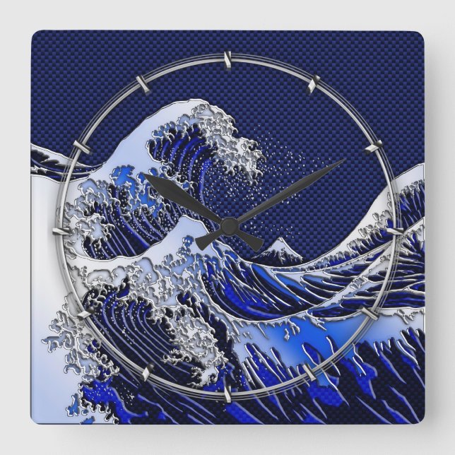 The Great Hokusai Wave chrome carbon fibre Decor Square Wall Clock (Front)