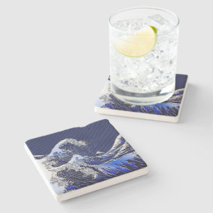The Great Hokusai Wave chrome carbon fibre Decor Stone Coaster