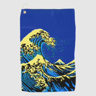 The Great Hokusai Wave in Blue Yellow Pop Style  Golf Towel
