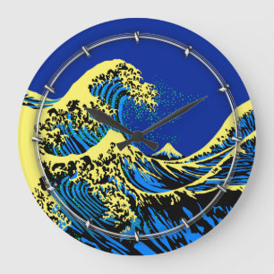 The Great Hokusai Wave in Blue Yellow Pop Style Large Clock