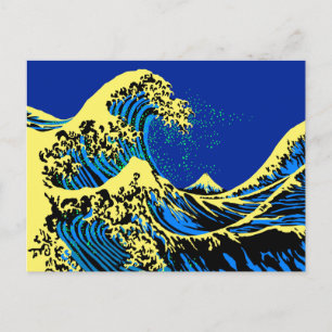 The Great Hokusai Wave in Blue Yellow Pop Style Postcard