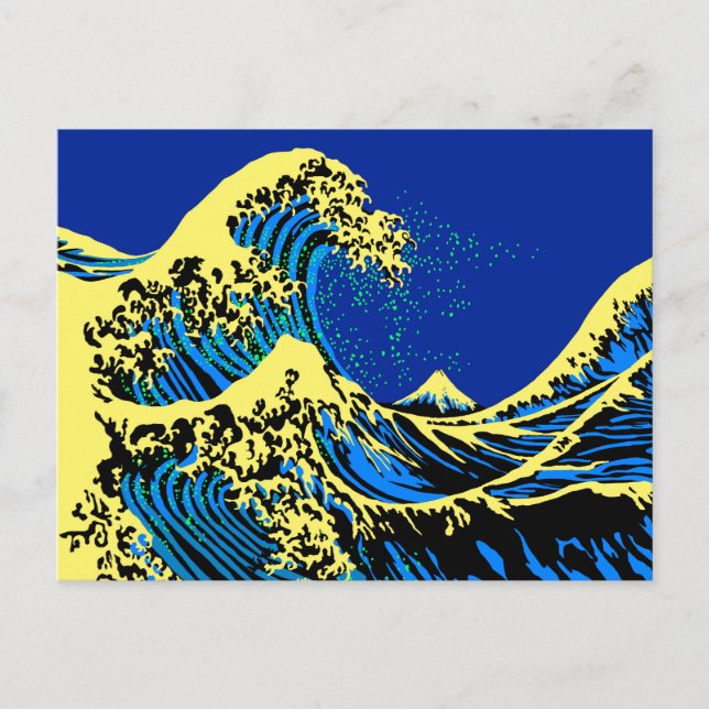 The Great Hokusai Wave in Blue Yellow Pop Style Postcard (Front)