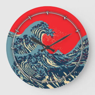 The Great Hokusai Wave in Colourful Style Large Clock