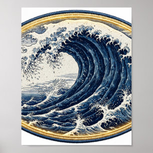 The Great Indigo Wave — Woodblock Style Poster