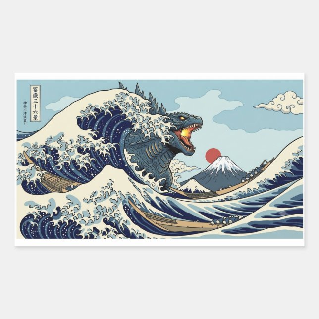 The Great Kaiju Wave - Epic Hokusai Monster Parody Rectangular Sticker (Front)