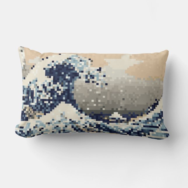 The Great Wave off Kanagawa 8 Bit Pixel Art Lumbar Cushion (Front)