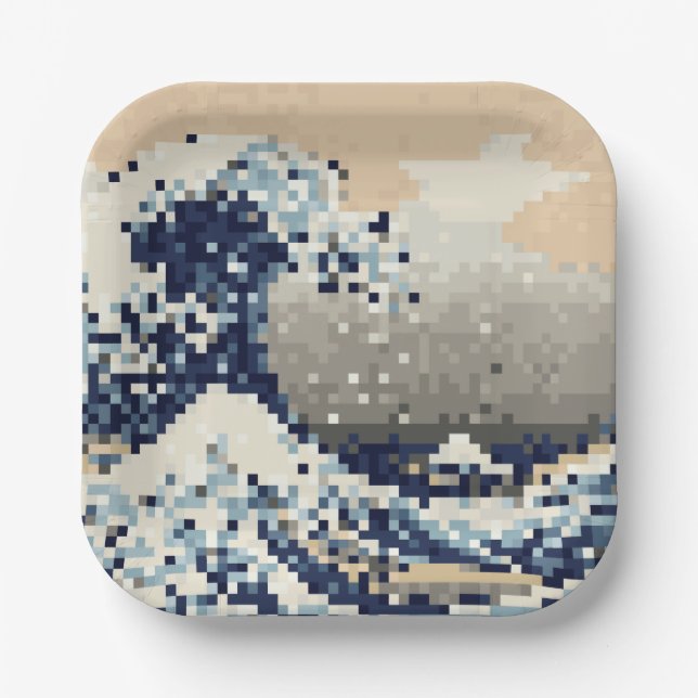 The Great Wave off Kanagawa 8 Bit Pixel Art Paper Plate (Front)