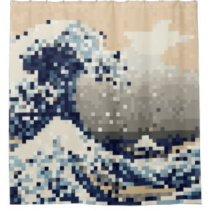 The Great Wave off Kanagawa 8 Bit Pixel Art Shower Curtain