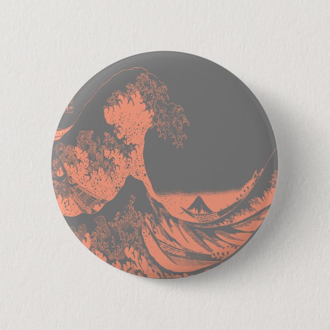 The Great Wave Peach & Grey 6 Cm Round Badge (Front)