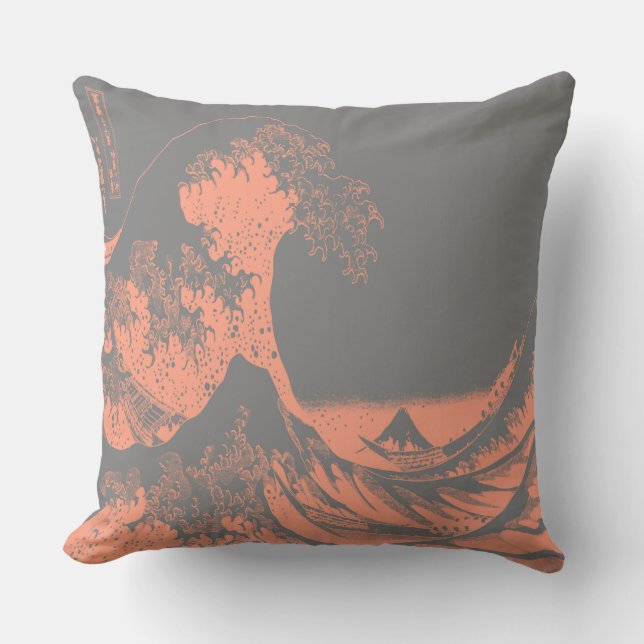 The Great Wave Pillow Peach & Grey (Front)