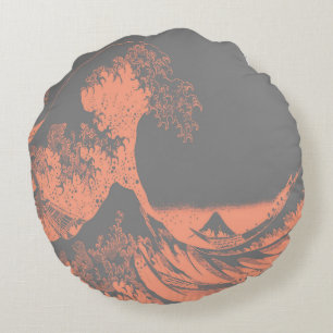 The Great Wave Round Pillow Peach & Grey