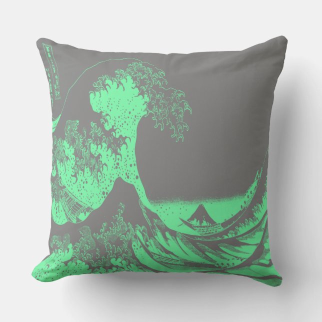 The Great Wave Seafoam Green & Grey Pillow (Front)