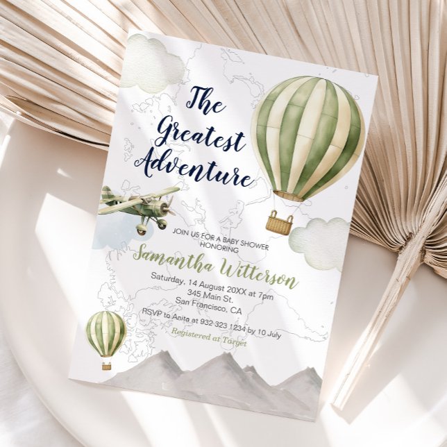 The Greatest Adventure Hot Air Balloon Sage Green Invitation (Creator Uploaded)