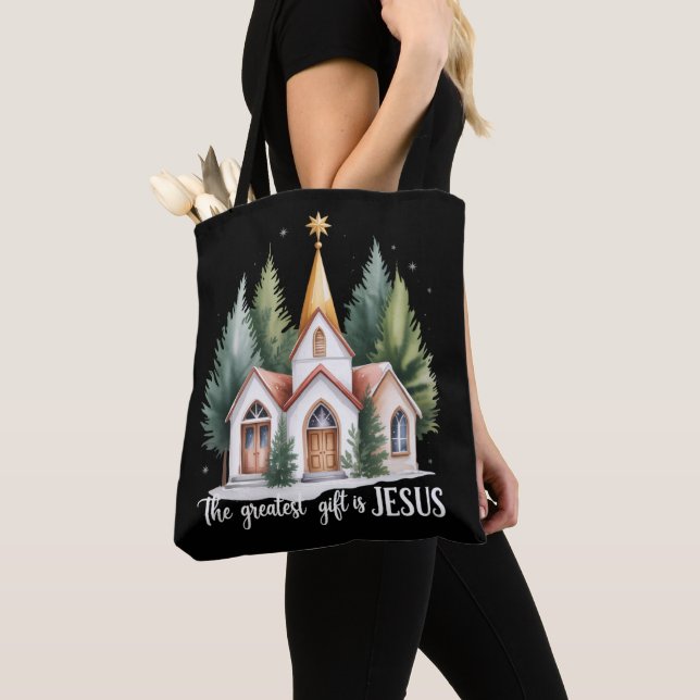 The Greatest Gift is Jesus Christmas Church Christ Tote Bag (Close Up)