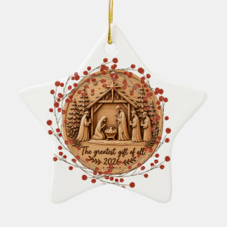 The Greatest Gift of All 2026 Nativity Wooden like Ceramic Ornament
