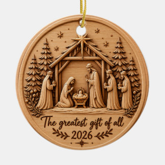 The Greatest Gift of All 2026 Nativity Wooden look Ceramic Ornament