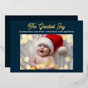 The Greatest Joy Modern Blue Baby First Christmas Foil Holiday Card