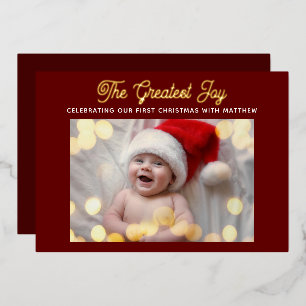 The Greatest Joy Modern Red Baby Christmas Foil Holiday Card