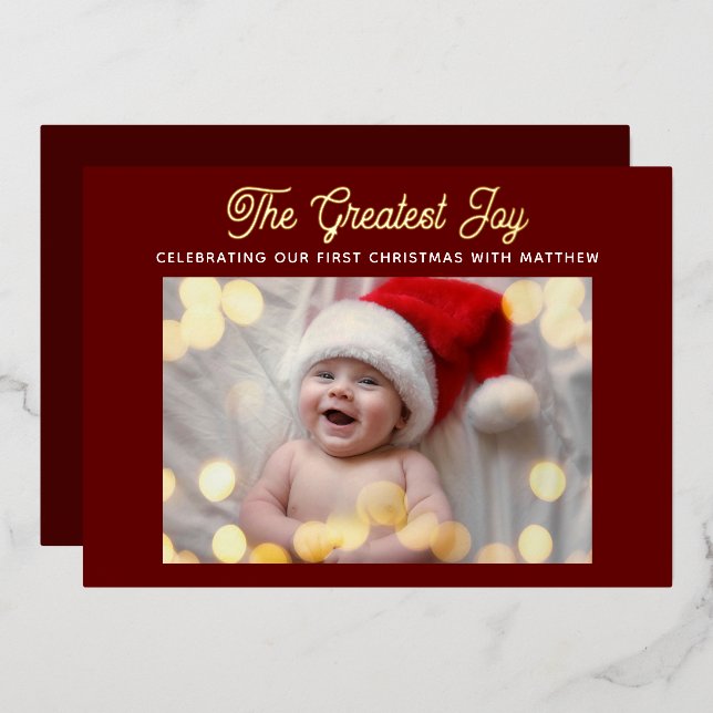 The Greatest Joy Modern Red Baby Christmas Foil Holiday Card (Front/Back)