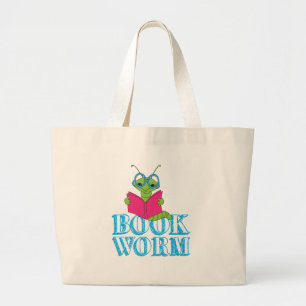 The Green Brilliant Cartoon Bookworm Book Worm Large Tote Bag
