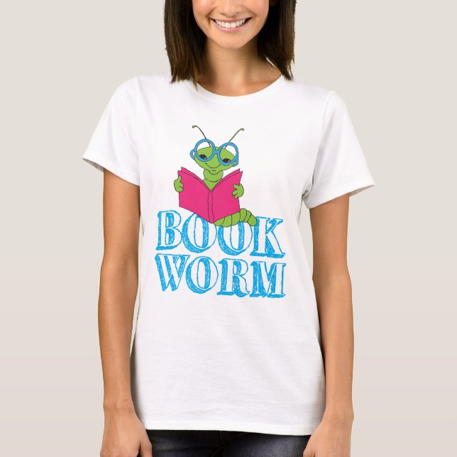 The Green Brilliant Cartoon Bookworm Book Worm T-Shirt (Front)