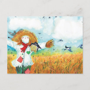 The Green Heart Scarecrow & Swallows Illustration Holiday Postcard