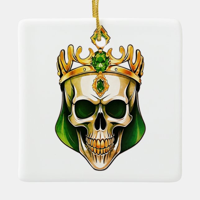 The Green King Skull with a Jewelled Crown Ceramic Ornament (Front)