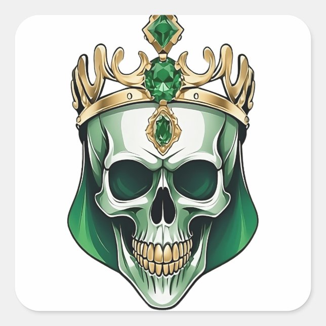 The Green King Skull with a Jewelled Crown Square Sticker (Front)
