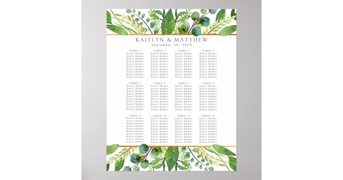 The Greenery & Gold Wedding Collection Table Plan Poster Zazzle
