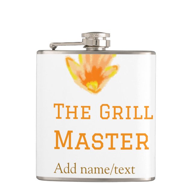 The grill master add name text cooking best yellow hip flask (Front)