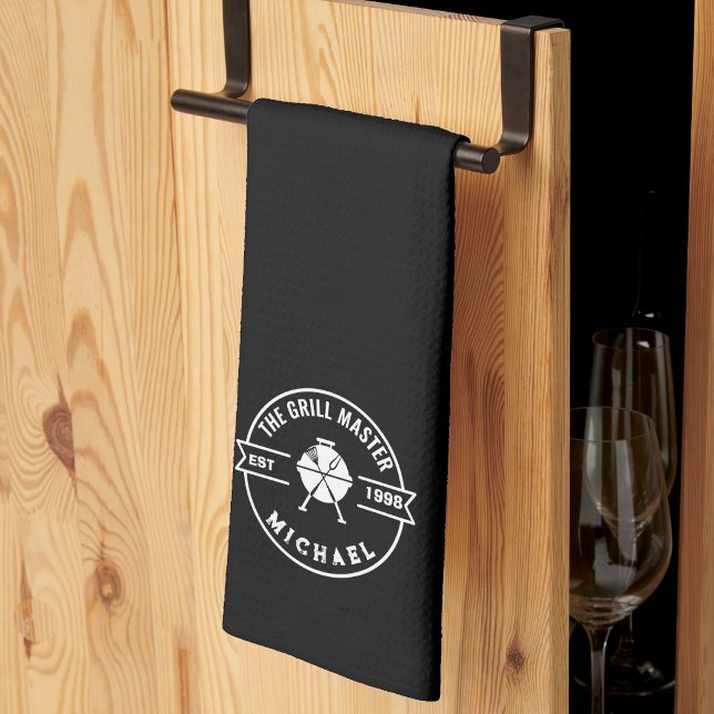 The Grill Master Established Year Custom Name  Tea Towel (grill master table linens fathers day birthday christmas gift bbq elegant unique black and white dad)