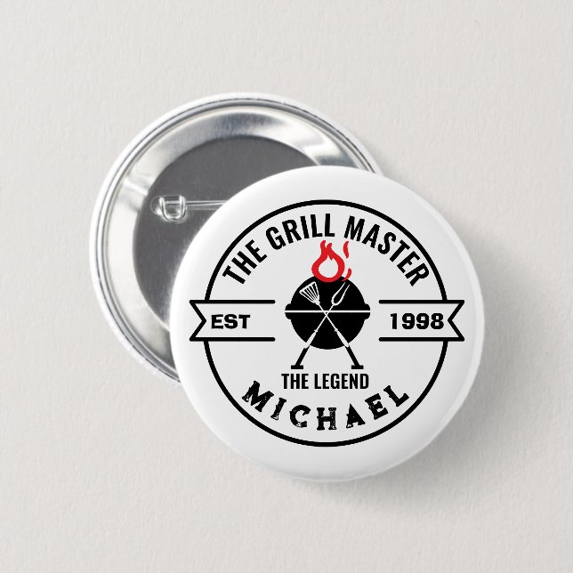 The Grill Master Established Year Name Flame 6 Cm Round Badge (Front & Back)