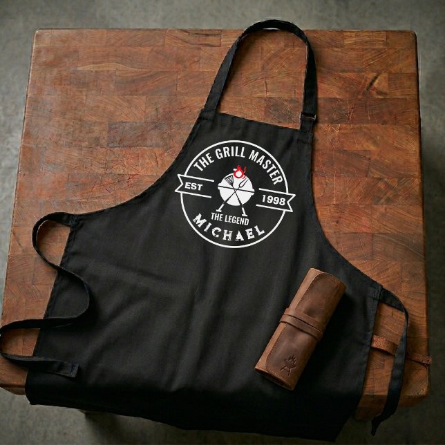 The Grill Master Established Year Name Flame Apron (grillmaster aprons cooking modern typography men husband boyfriends gift bbq fathers day birthday)