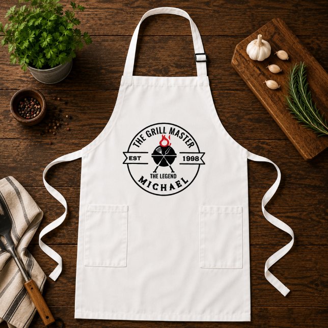 The Grill Master Established Year Name Flame Long Apron (grilling aprons dad bbq birthday foodie  for him grillmaster cooking modern chef men )