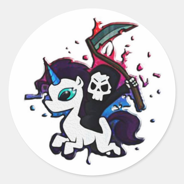 The grim reaper riding a unicorn  classic round sticker (Front)