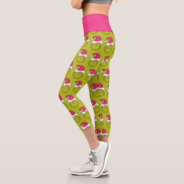 The Grinch in Pink Santa Hat Capri Leggings (Left)
