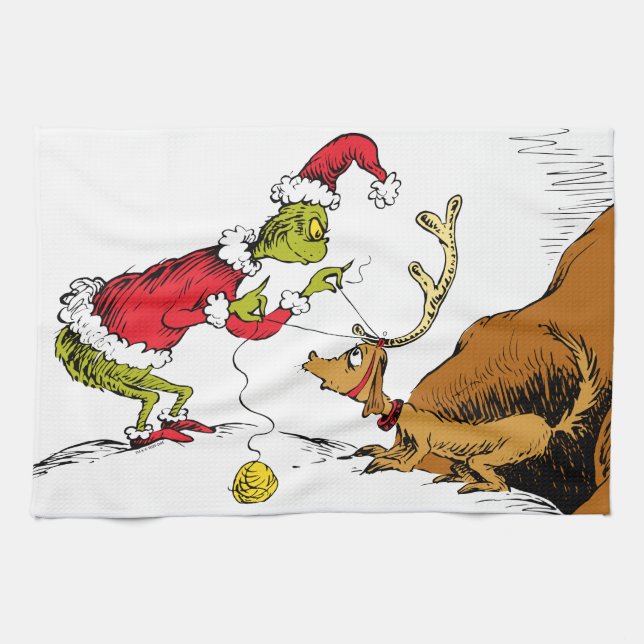 The Grinch Prepares Max the Reindeer Tea Towel (Horizontal)