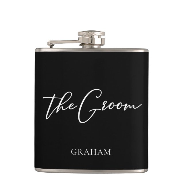 The Groom Chic Black White Wedding Modern Custom Hip Flask (Front)