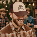 The Groom Cowboy Western Bachelor Party Trucker Hat<br><div class="desc">Surprise the groom with this fun western themed bachelor party trucker hat! The fun design features vintage woodcut lettering reading: The Groom. There is a cowboy boot,  hat,  and sheriff's badge reading "Party Posse". The bottom has space for the groom's name and the date of the bachelor party.</div>
