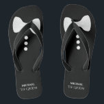 The Groom. Fun White Bow Tie & Buttons Wedding Thongs<br><div class="desc">These cute flip flops are perfect for the groom when he's ready to kick off his shoes and party. They feature a cute mock tuxedo design with a white bow tie and buttons at the top and his name and title below.</div>