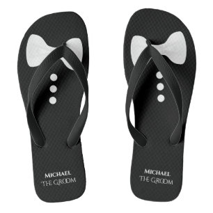 The Groom. Fun White Bow Tie & Buttons Wedding Thongs